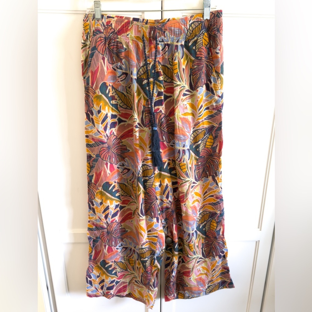 C & C California 100% Linen Wide Pants w/Pockets Tropical Floral Beach Sz Large - Picture 2 of 14